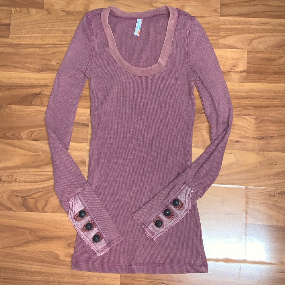 Free People Waffle Knit Long Sleeve Top with Cuff Detail